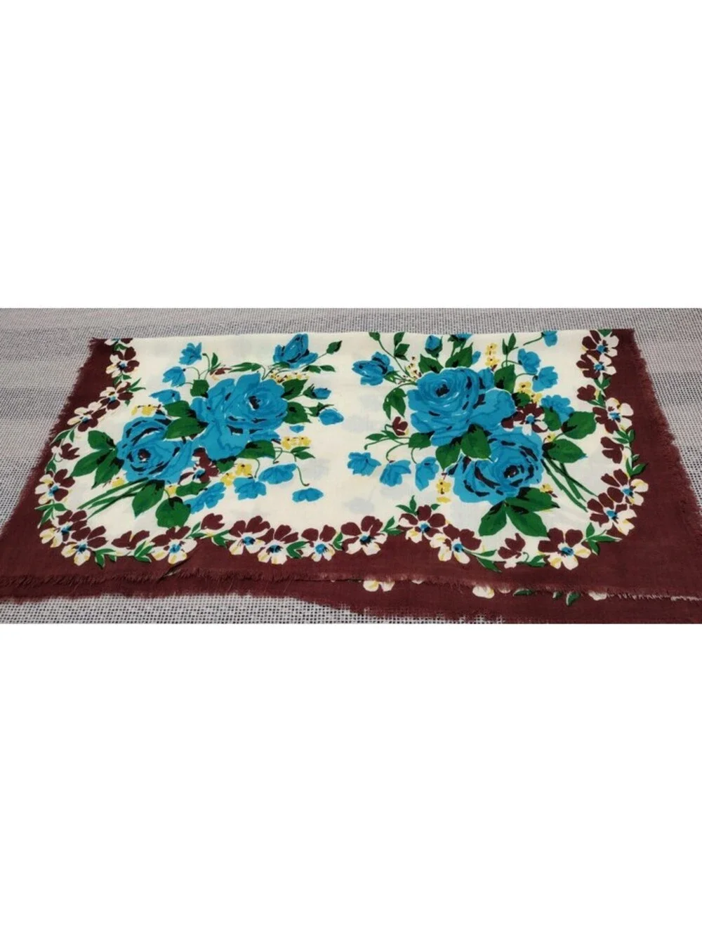Vintage 1940s Turquoise Roses Cowboy Scarf 1950s Unisex Rockabilly Brown Rayon